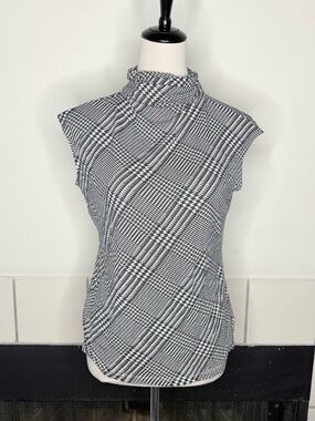 Ralph Lauren Black & White Plaid Sleeveless Mock Neck Top